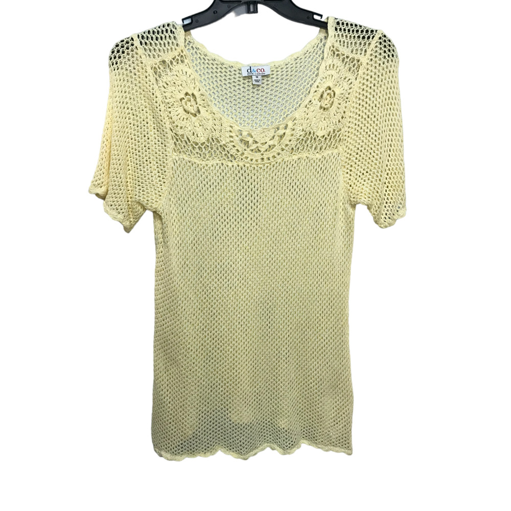 D & Co Denim Company Size 1X Yellow Open Crochet Knit Tunic Top Short Sleeve